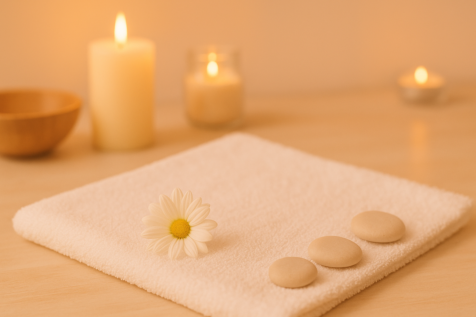 Ein weißes Handtuch mit einer Margeritenblüte und drei glatten Massage-Steinen liegt auf einem hellen Tisch. Im Hintergrund leuchten Kerzen in warmem Licht und schaffen eine ruhige, entspannende Spa-Atmosphäre