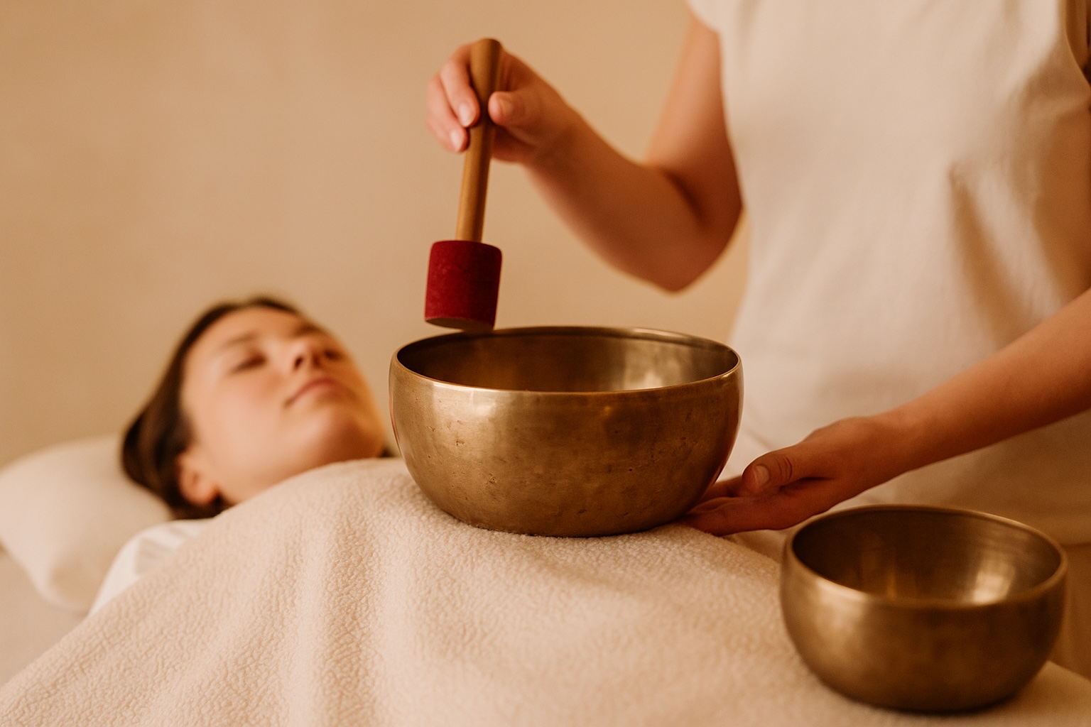 Bild zeigt eine Person die eine Klangschalenmassage bekommt